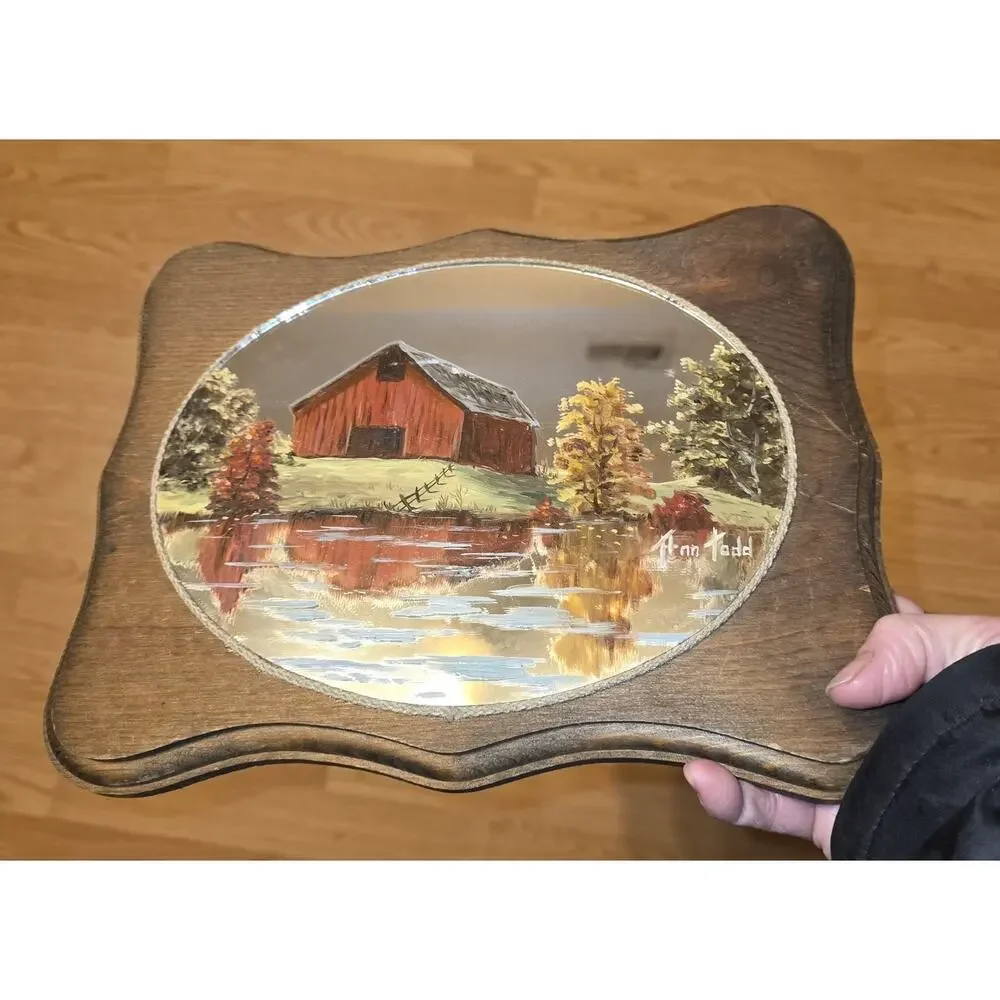 Vtg 70s MCM Hand Painted Mirror Barn Scene Wood Artist Signed Ann Todd Country